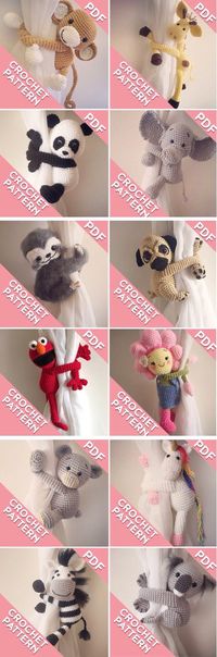 Crochet pattern monkey and friends curtain tie backs