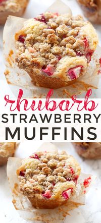 The best strawberry rhubarb muffins! A foolproof recipe that makes brown sugar streusel-topped tender muffins loaded with fruit.