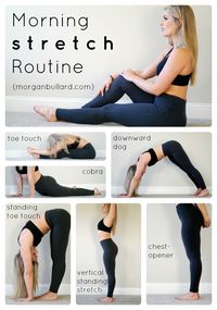 Morning Stretch Routine - perfect for waking your body up in the morning with these quick 5 minute stretches. Love the toe touch and the chest opener stretches!