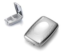 This gorgeusly engraved two-compartment pill box is made of chrome plated stainless steel with swirls and dots decorating the cover. The rectangular box with rounded corners and edges measures 1 ¾ x 2 11/16 inches and can contain enough pills to sustain your needs for the day. Personalize it by having your name or monogram engraved on the oval smooth space on the cover center.
