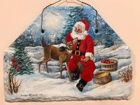 sherrylpaintz a slate painting of Santa Claus with a deer and cardinal in the forest 1999