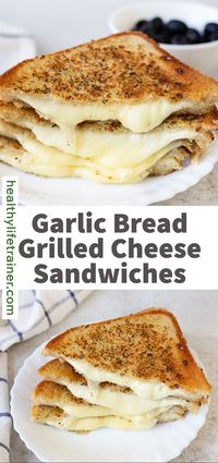 Garlic bread grilled cheese sandwiches are crusty garlic bread filled with ooey-gooey melted cheese and browned to perfection. The perfect sandwich for lunch, brunch or dinner. #grilledcheesesandwiches #Garlicbread #easysandwiches #lunchrecipes