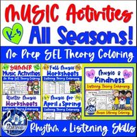 This No-Prep All Seasons Music Activities BUNDLE contains music literacy with kindness and SEL worksheets for Winter, Spring, Summer, Fall Music music classrooms and Music Sub Plans. Sub Plan directions are included on each activity page along with easy to read answer keys.Each music activity worksh...