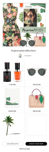 Tropical-print taffeta Dress | #theseapearl #summerstyle #tropicalstyle #tropicalprints #floralprints #dresses #taffetadresses #richardquinn #balletflats #wickerbags #dolceandgabbana #pilotsunglasses #valentino