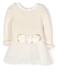 knitted flared dress from MONNALISA featuring off-white, chunky knit, floral detail, tulle panels, round neck and long sleeves. | MonnaLisa Knitted Flared Dress