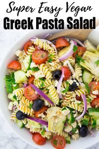 This vegan Greek pasta salad is the perfect summer recipe! It is a great picnic recipe and it also makes a great grilling side. Find more vegan recipes at veganheaven.org! #vegan #summerrecipes #pasta #pastasalad