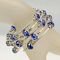 Fashion Wrap Bracelet, with Abacus Glass Beads, Tibetan Style Bead Caps, Brass Tube Beads and Steel Memory Wire, Blue, Inner Diameter: 55mm