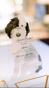 Watercolor Pet Portrait by Tulsa wedding artist @alexasillustrations. Wedding reception art by #alexasillustrations text and printing by The Inviting Place. Southern hiss country club wedding, acrylic reception menu