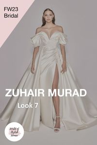 Champagne Off Shoulder Slit Wedding Dress / Wedding Gown with a Train. This wedding dress is from the Fall 2023 Bridal Collection by Zuhair Murad.