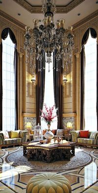 Stunning Moroccan Home Design / Glamorous Chandelier / Moroccan Living Room / This is the work of a Visualization Artist from Egypt. He called it Moroccan Majliss, Arabic for Moroccan Living.