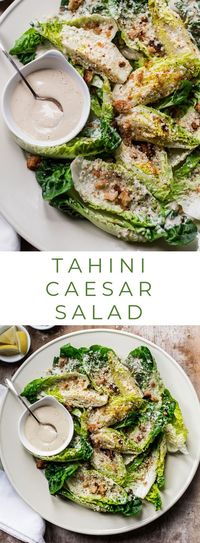 Vegetarian Tahini Caesar Salad with Olive Oil Breadcrumbs - A caesar salad recipe that combines a creamy lemon-tahini dressing with healthy greens and crunchy homemade breadcrumbs.#vegetarian #cleaneating #dairyfree #salad #easyrecipe