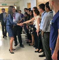 Kate meets staff at King's College London on Monday afternoon. The Duchess was met by Nick Moberly, the hospital’s Chief Executive and Medical Director Professor Julia Wendon, who showed her around the hospital's emergency department