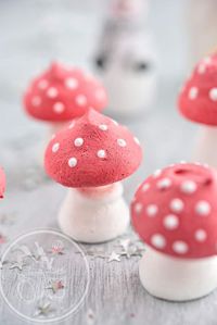 Il est encore temps de préparer la déco de vos desserts de fête. L'année dernière je vous avez proposé les sapins ou les bonhommes de neige. Aujourd'hui, un grand classique, les petits champignons. C'est un classique pour les desserts de fête, je ne révolutionne...