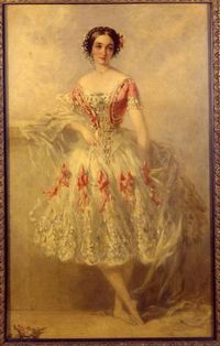 Portrait of Marie Adeline Plunket (1854). Richard Buckner (British, 1812-1883). Oil on canvas. Birmingham Museums and Art Gallery. Plunkett was a star of the Romantic ballet. She made her first appearance in the ballet company of her Majesty’s Theatre, London in 1843. She was discharged from the company as a result of an incident during a performance involving another dancer who was her rival for the affections of the Earl of Pembroke. In this painting, Buckner based her pose on the classical st