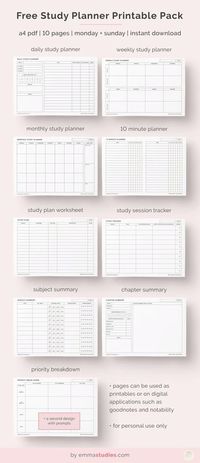 free student printable planner pages - study plan cheatsheet emmastudies