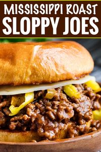 Tangy and savory Mississippi pot roast flavors come together in this quick-cooking sloppy joe recipe! Perfect for a kid-friendly weeknight meal! #sloppyjoe #mississippiroast