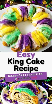 Easy King Cake is a super simple semi-homemade version of a traditional Mardi Gras dessert! Made with canned cinnamon rolls and colored sanding sugar you can't go wrong with this fun and festive Mardi Gras treat.