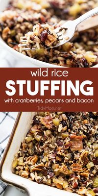 Wild rice stuffing is an easy side dish infused with incredible flavor that will complete your holiday table. Dried cranberries add a touch of sweetness to the nutty taste of this bread-less stuffing with all the classic flavors of a traditional stuffing. Printable recipe + how to video at TidyMom.net #stuffing #wildrice #dressing #glutenfree #thanksgiving #sidedish