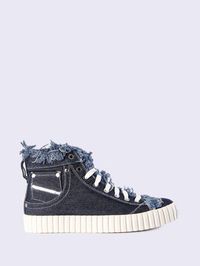 These high sneakers are made from a Diesel signature − denim. The shoes feature frayed edges, a lace-up closure and an iconic pocket on the side. Embellished with metal studs and vertical ridges on the chunky rubber sole, this casual style ensures low-key comfort.#fashion #grunge #afflink #lovethis