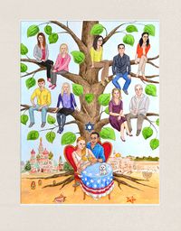 Family tree painted as a unique and special gift for a husband's birthday. Created from photos of his and his wife's family members. The painting reflects both sides of the family's heritage: Russian and Jewish
