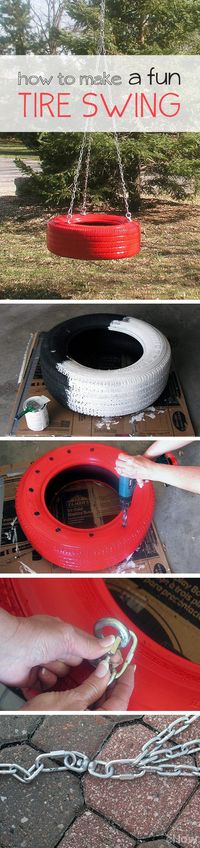 DIY your very own old-fashioned tire swing. This version of the timeless classic features a tire supported horizontally by three points of attachment and a swivel point that allows movement in multiple directions. Spend an afternoon assembling a tire swing and guarantee years of enjoyment for the children in your life. DIY instructions here: http://www.ehow.com/how_5264076_make-fun-tire-swing.html?utm_source=pinterest.com&utm_medium=referral&utm_content=inline&utm_campaign=fanpage