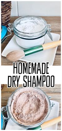 Homemade Dry Shampoo Recipe- diy dry shampoo for brown hair dark hair blondes etc. How to make dry shampoo at home. baking soda, cornstarch, cocoa powder jars. Brush or spice jar shaker. ingredients