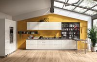 The accessorised wall panel of the “Setup” Anthracite coloured aluminium System are an original accompaniment for the wall units in White glossy lacquered finish. Functionality without foregoing the charm of cross-contamination between materials.