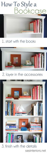 A breakdown on how-to style a bookcase. Inspiration tips and ideas on how and where to begin accessorizing a bookcase or shelf in your home.