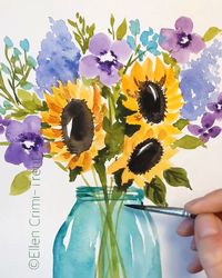 A bright and fun bouquet #sunflower #masonjars #watercolor #watercolorflowers #art #artwork #spring #homedecor #flowers #floralpainting #artsandcrafts #botanical