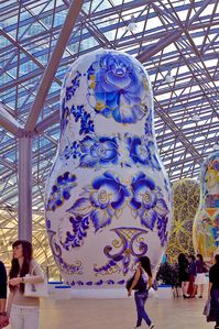 Huge Matrioshka "Gzhel", my mom would love going to this exhibit (if it would only come to Fort Worth).