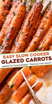 Tender whole baby carrots are coated in a sweet and savory glaze, then "roasted" in the slow cooker! Free up your oven with this EASY side dish that's perfect for the holidays! #carrots #sidedish #holidayrecipe