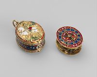 Watch in the form of a Lesser George Movement by Nicholas Vallin (recorded ca. 1590, died 1603) Date: ca. 1600 Culture: British, London Medium: Case: gold, partly enameled, and rock crystal; Movement: brass and steel, partly blued | Accession Number: 17.190.1475 Made in the shape of an ensign of the English Order of the Garter, the case of this watch depicts Saint George fighting the dragon, and its band is enameled with the motto of the order: HONI.SOIT.QVI/ MAL