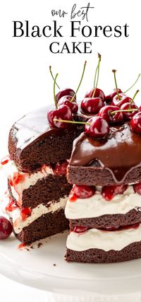 Enjoy our best Black Forest Cake recipe for your next special occasion! This towering 'naked' version of the iconic German dessert does not disappoint. #blackforest #blackforestcake #baking #cake #chocolatecake #cherrycake #blackforestcakerecipe #blackforestgateau #specialoccasioncake