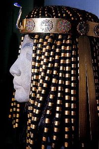 Wig from one of Tuthmoses minor wifes grave. Upper class people shaved their heads because of the heat. In public, they wore wigs. Under the wigs were cones of scent, which melted and made the wearer smell good instead of sweaty.