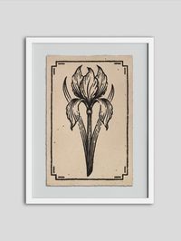 Linocut "Iris", original botanical engraving, vintage illustration with flower, farmhouse decorative poster, house warming floral art gift Linocut print on 20x30 cm beige handmade paper. Botanical graphic design ideal for every plant mom, gardener and nature lover. Work great as a house warming decoration or gift for flower keeper. Old looking beige color of paper accompanied by flower theme of illustration will fill your room with vintage style and give warm old-school touch to any space.