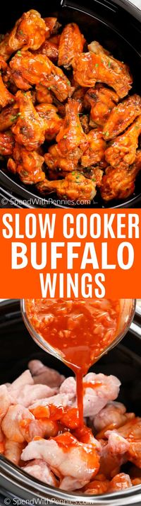 Tender buffalo wings cooked all day in the slow cooker! These are the hit of any party without the fuss and mess of deep fried chicken wings! These easy wings come out perfectly every time #spendwithpennies #buffalowings #hotwings #appetizer #slowcooker #crockpot