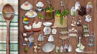 Hacienda Kitchen Add-Ons by SIMcredible! (Sims 4) • Wall Veggies Bag• 2Jars• Cart• Cheese Holder• TeaCup• Herbs• Kettle• Knife Block Set• Ladder• Mugs Rack• Rooster• Scales• Tray• Wine Rack• ...