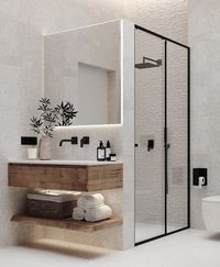 Industriella duschväggar och dusch med handfatsvägg. Sandfärgat badrum med svarta detaljer ✨ Bild från instagram @home.dope / @easyrender