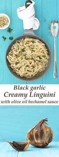Black garlic creamy linguini pasta with olive oil béchamel