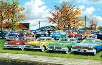 The perfect puzzle for any classic car lover, this vintage inspired puzzle featuring artwork from Ken Zylla will take you to a car show from the past. The autumn leaves and pops of color from the cars make this a bright and cheery puzzle to piece together. The final image will measure 19” x 30”. SunsOut puzzles are 100% made in the USA with eco-friendly soy-based inks on recycled boards. SunsOut is not sold in mass-market stores.
