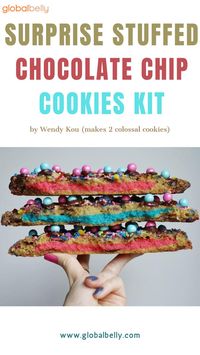 Make your own colorful stuffed chocolate chip cookies! Blue or pink - pick your own color to decorate these cookies. Chocolate Chip Cookies, Chocolate, Cookies Kit, Chocolate Chip Cookies ideas, chocolate chip cookies recipe! #cookies #chocolate #cookiesrecipe #chocolatechip #globalbelly