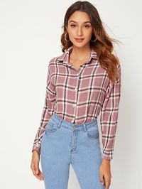 Drop Shoulder Curved Hem Plaid Blouse EmmaCloth-Women Fast Fashion Online