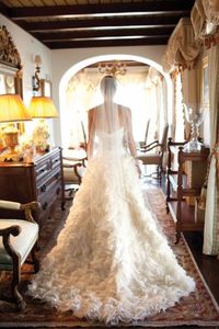 Strapless Monique Lhuillier dress with ruffled train | photography by http://lauranegriphotography.com/