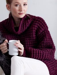 Free Knitting Pattern for Easy 4 Row Repeat Pullover - Easy-Going Knit Pullover This tunic length long sleeved sweater by Bernat features a 4 row repeat texture and is rated easy by the designer. Quick knit in bulky yarn.