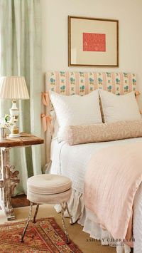ASHLEY GILBREATH INTERIOR DESIGN: A little girl's big girl room designed to grow up in. Ashley designed this room with all ages in mind, a soft pink color palette for the younger years which can easily be switched out as she grows and a desk as a beside table, perfect for homework or makeup in the teenage years.