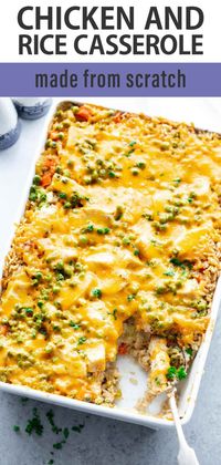 Chicken and Rice Casserole- a healthy from-scratch version made without canned soup! Whole-grain quick cooking brown rice, lean chicken breast, creamy sauce and fresh veggies bakes up to make a complete meal! 441 cal, 31 g protein! Naturally gluten-free and kid friendly.