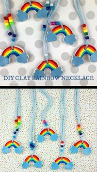 DIY clay rainbow necklace kids can make for St Patrick's Day . Great as rainbow party favors, too. #stpatricksdaynecklace #stpatricksdaycraftsforkids #stpatrickcraftsforkids #diyrainbownecklace #diyclaynecklace