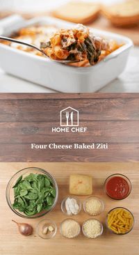 We've heard of some baked zitis around town talking up their cheese game. You know the types, the jabber jaws always boasting about their Parmesan and ricotta, as if that was impressive. We can Parmesan and ricotta a baked ziti in our sleep. Now, this'll silence all the wagging tongues: This baked ziti has not two, not three, but four cheeses. Four. Asiago, Parmesan, mozzarella, ricotta, just to name names and settle scores, which we will. We've garnished our ziti with tasty garlic bread, too… t