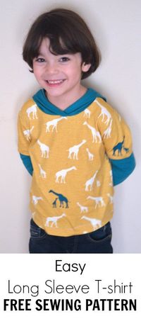 Easy Long Sleeve T-shirt with hoodie PDF pattern: Sew a quick and easy t-shirt for kids. Sewing pattern included for FREE!