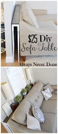 DIY Sofa Table for $25 using stair rails as legs.I love this ides! Makes it easy to reach plugs behind the couch too so they don't go to waste. Could make a charging station on it too.